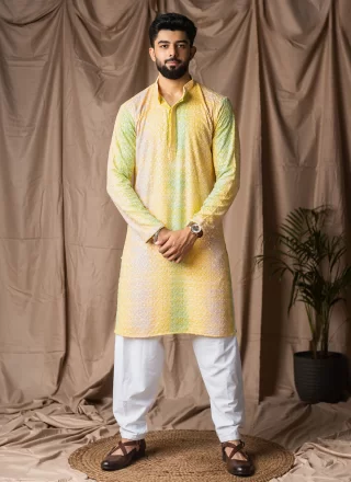 Rayon Kurta Pyjama In Yellow Color