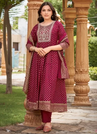 Rayon Readymade Salwar Suit In Maroon Color