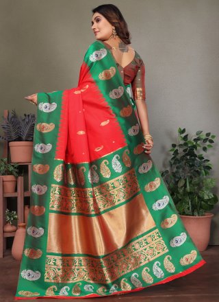 Red and Pink Banarasi Silk Weaving Work Classic Sari for Ceremonial