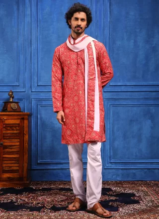 Red and Pink Bandhej, Chikankari, Embroidered, Lucknowi Work, Print and Sequins Work Viscose Kurta Pyjama
