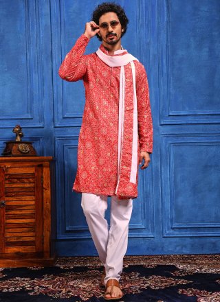 Red and Pink Bandhej, Chikankari, Embroidered, Lucknowi Work, Print and Sequins Work Viscose Kurta Pyjama