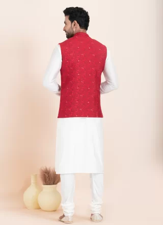 Red and White Banarasi Silk Jacquard Work Kurta Payjama with Jacket