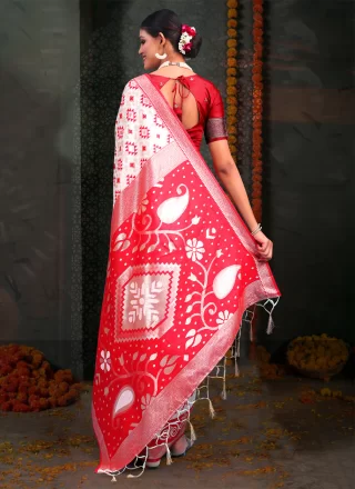 Red and White Cotton Classic Sari with Print Work