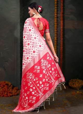 Red and White Cotton Classic Sari with Print Work