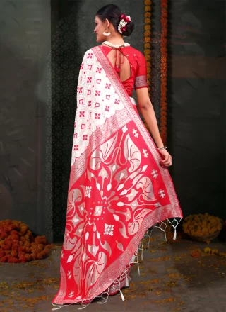 Red and White Cotton Print Work Classic Saree
