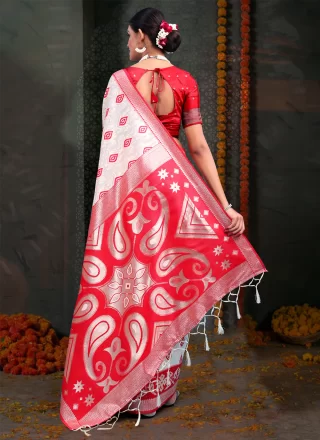 Red and White Cotton Print Work Trendy Saree
