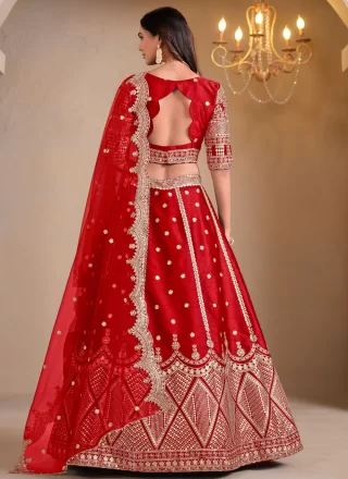 Red Art Silk Lehenga Choli with Embroidered and Mirror Work