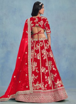 Red Art Silk Lehenga Choli with Embroidered, Sequins and Zari Work for Women