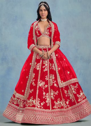 Red Art Silk Lehenga Choli with Embroidered, Sequins and Zari Work for Women