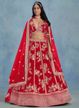 Red Art Silk Lehenga Choli with Embroidered, Sequins and Zari Work for Women