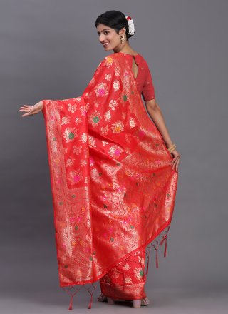 Red Banarasi Silk Contemporary Sari