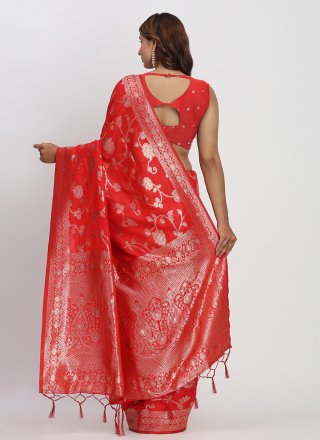 Red Banarasi Silk Contemporary Sari with Woven Work