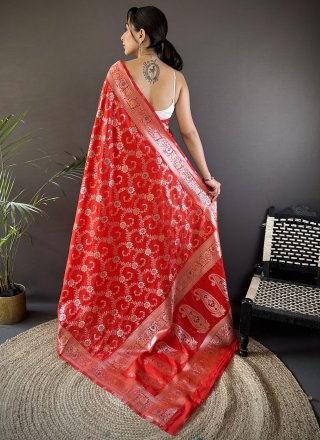 Red Banarasi Silk Weaving and Zari Work Contemporary Saree for Ceremonial