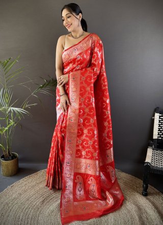 Red Banarasi Silk Weaving and Zari Work Contemporary Saree for Ceremonial