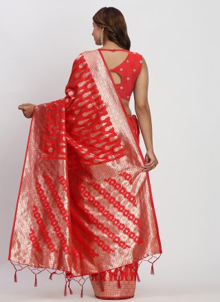 Red Banarasi Silk Woven Work Classic Sari for Casual
