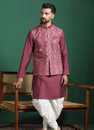 Red Blended Cotton Floral Patch Work Nehru Jackets