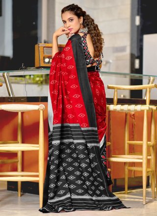 Red Block Print Work Soft Cotton Designer Saree