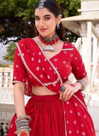 Red Chanderi Bandhej, Lace and Print Work Readymade Lehenga Choli