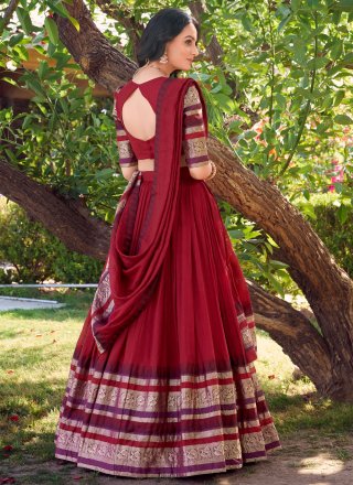 Red Chanderi Lehenga Choli with Patch Border, Weaving and Zari Work for Ceremonial