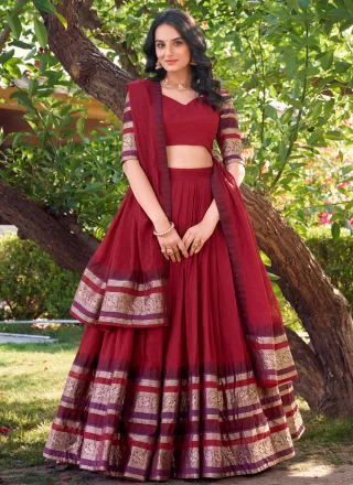 Red Chanderi Lehenga Choli with Patch Border, Weaving and Zari Work for Ceremonial
