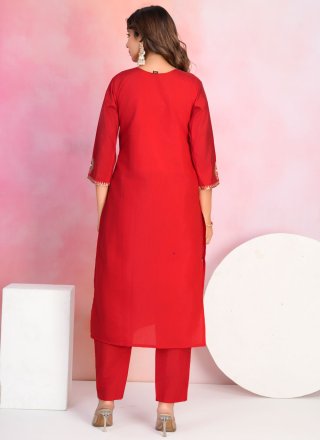 Red Chanderi Salwar Suit with Embroidered, Sequins and Thread Work