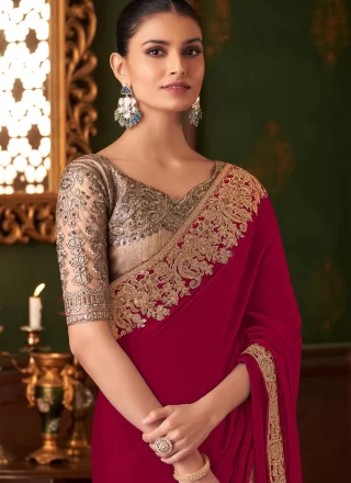 Red Chiffon Contemporary Saree with Patch Border, Embroidered, Sequins and Zari Work