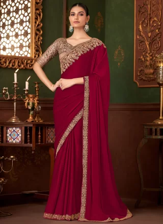 Red Chiffon Contemporary Saree with Patch Border, Embroidered, Sequins and Zari Work