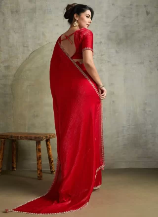 Red Chiffon Embroidered Work Contemporary Saree