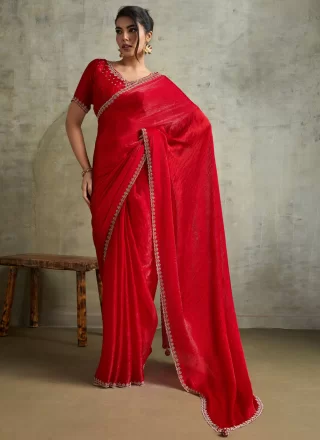 Red Chiffon Embroidered Work Contemporary Saree