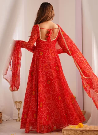 Red Chiffon Foil Print Work Anarkali Suit for Casual