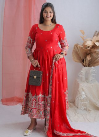 Red Chinon Anarkali Suit with Embroidered, Sequins and Zari Work