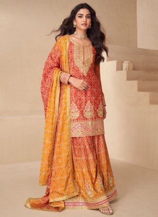 Red Chinon Digital Print and Embroidered Work Palazzo Salwar Suit for Ceremonial