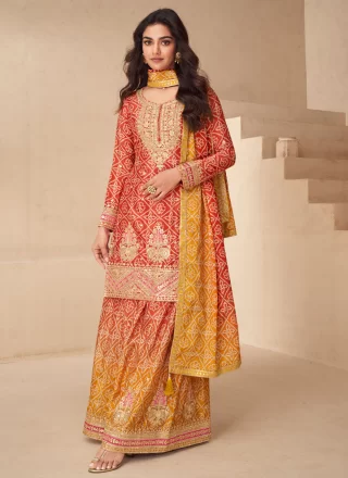Red Chinon Digital Print and Embroidered Work Palazzo Salwar Suit for Ceremonial