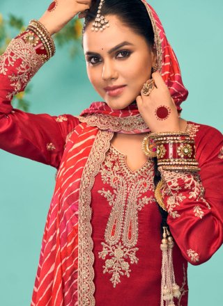 Red Chinon Embroidered and Zari Work Readymade Salwar Suit for Festival