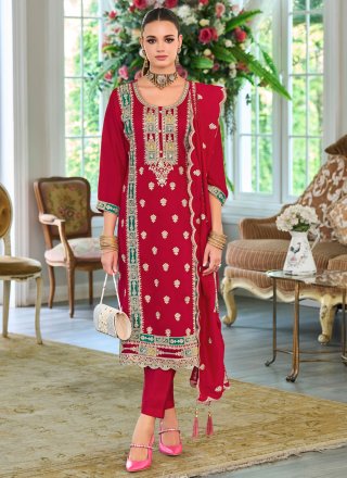 Red Chinon Readymade Salwar Suit