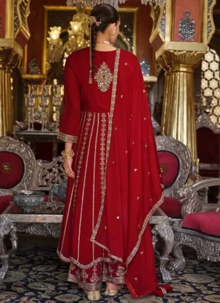 Red Chinon Salwar Suit with Embroidered and Resham Work