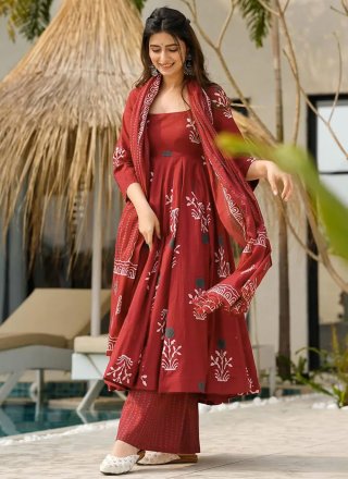 Red Cotton Digital Print Work Salwar Suit for Ceremonial