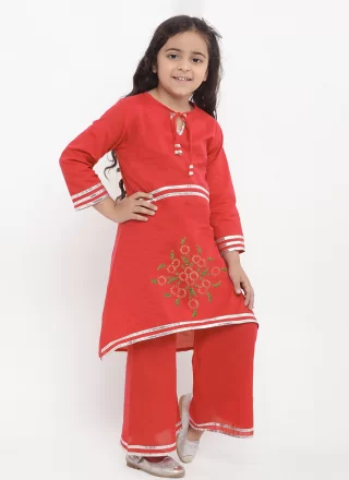 Red Cotton Embroidered Work Designer Kurti for Kid