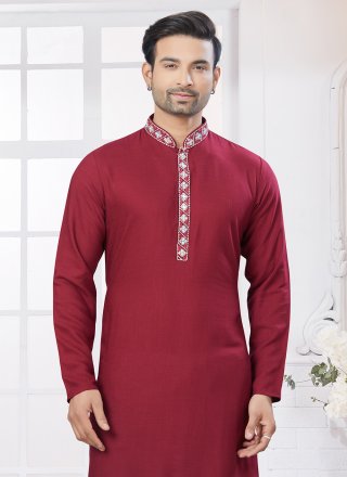 Red Cotton Embroidered Work Kurta Pyjama for Engagement