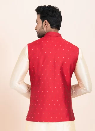 Red Cotton Jacquard Work Nehru Jackets