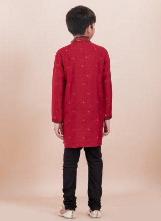 Red Cotton Kurta Pyjama with Jacquard Work for Kid
