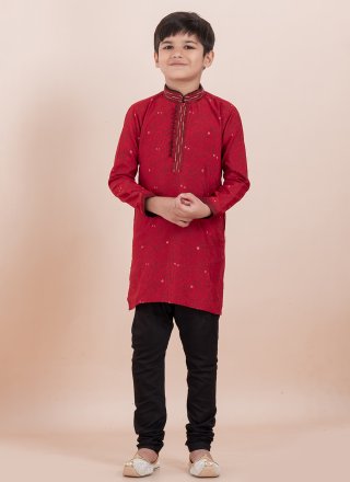 Red Cotton Kurta Pyjama with Jacquard Work for Kid