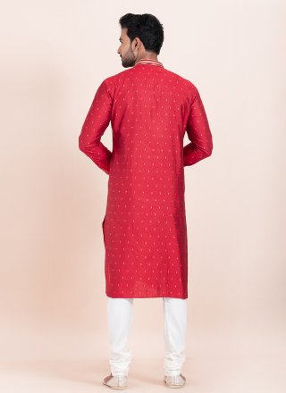 Red Cotton Kurta Pyjama with Jacquard Work for Men