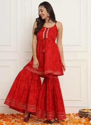 Red Cotton Lace and Print Work Designer Kurti for Ceremonial