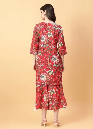 Red Cotton Print Work Casual Kurti