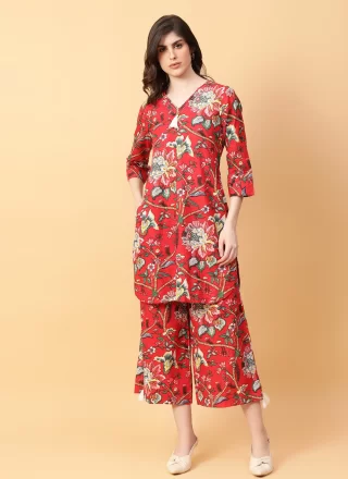 Red Cotton Print Work Casual Kurti
