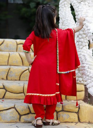 Red Cotton Readymade Salwar Suit with Embroidered Work