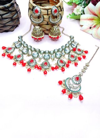 Red Diamond, Moti and Stone Work Necklace Set