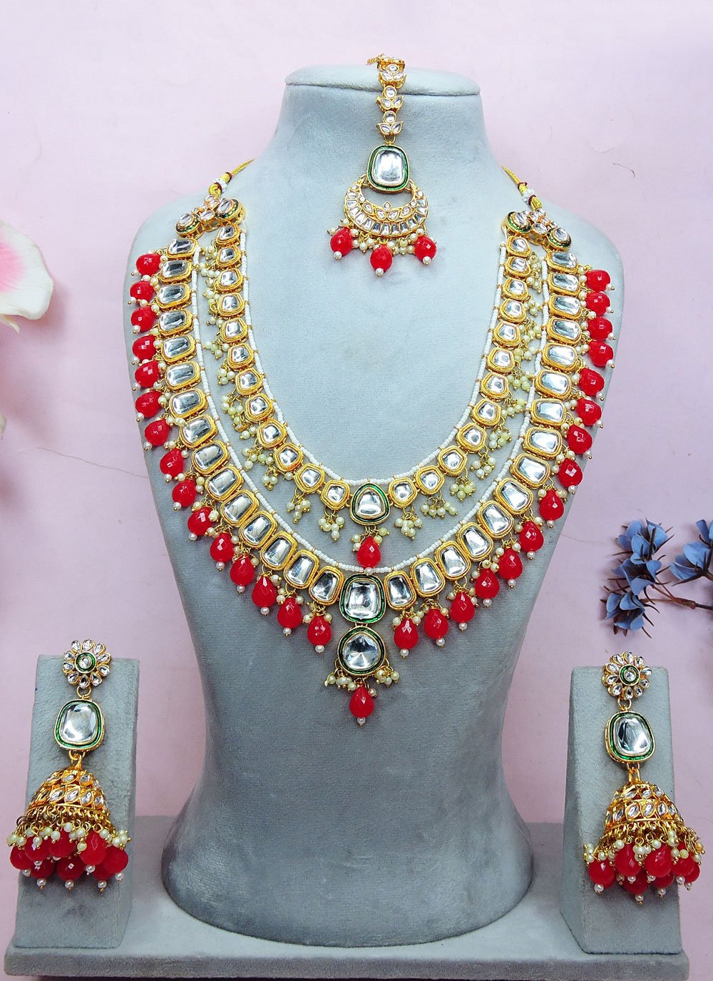 Buy Online Red Diamond, Moti and Stone Work Necklace Set 318793