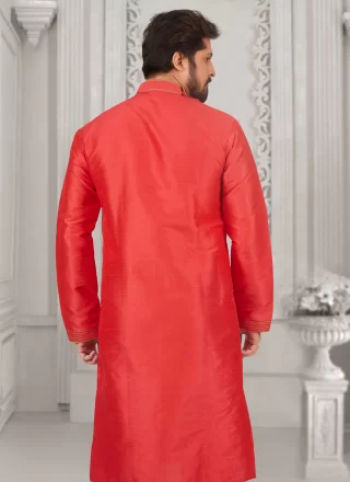 Red Dupion Silk Embroidered Work Kurta Pyjama for Ceremonial